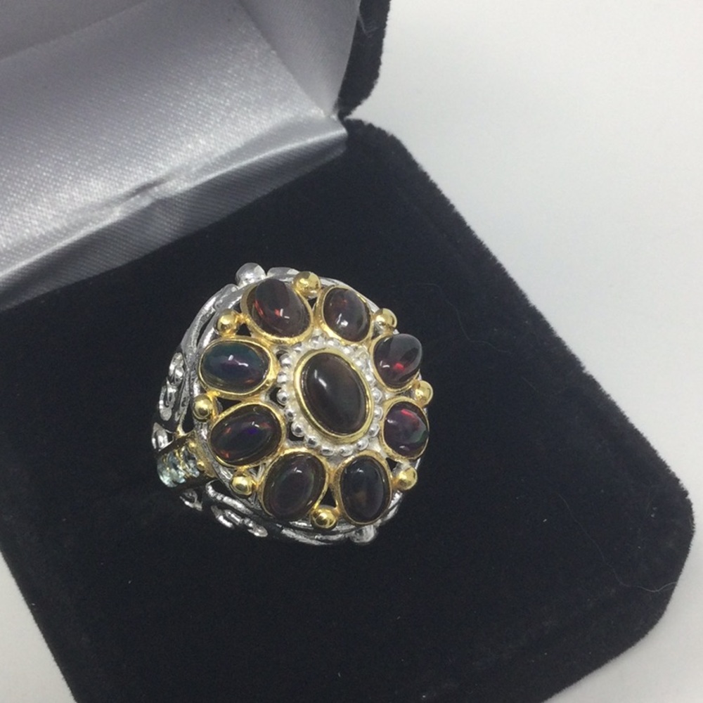 Rare Genuine Black Opals Ring - Picture 3 of 10